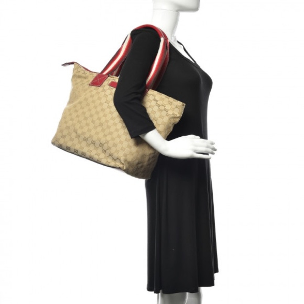 Gucci Tote Bag Sherry Line Cream Tan Gold and Red Monogram GG Supreme Zip Top - Picture 2 of 16